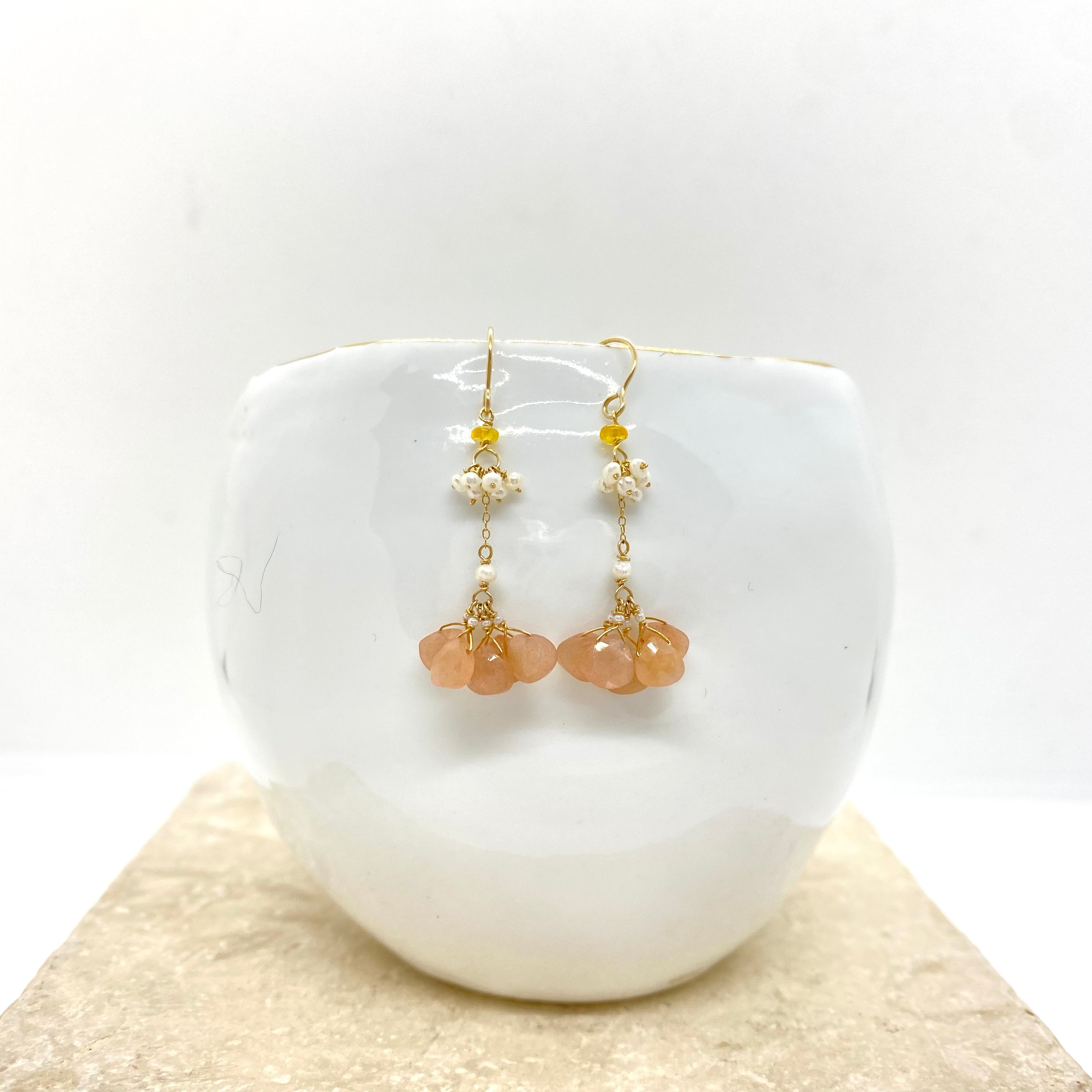 14k Gold Earrings w/ Peach Moonstone, Opal, Freshwater Pearls & Antique Italian Beads