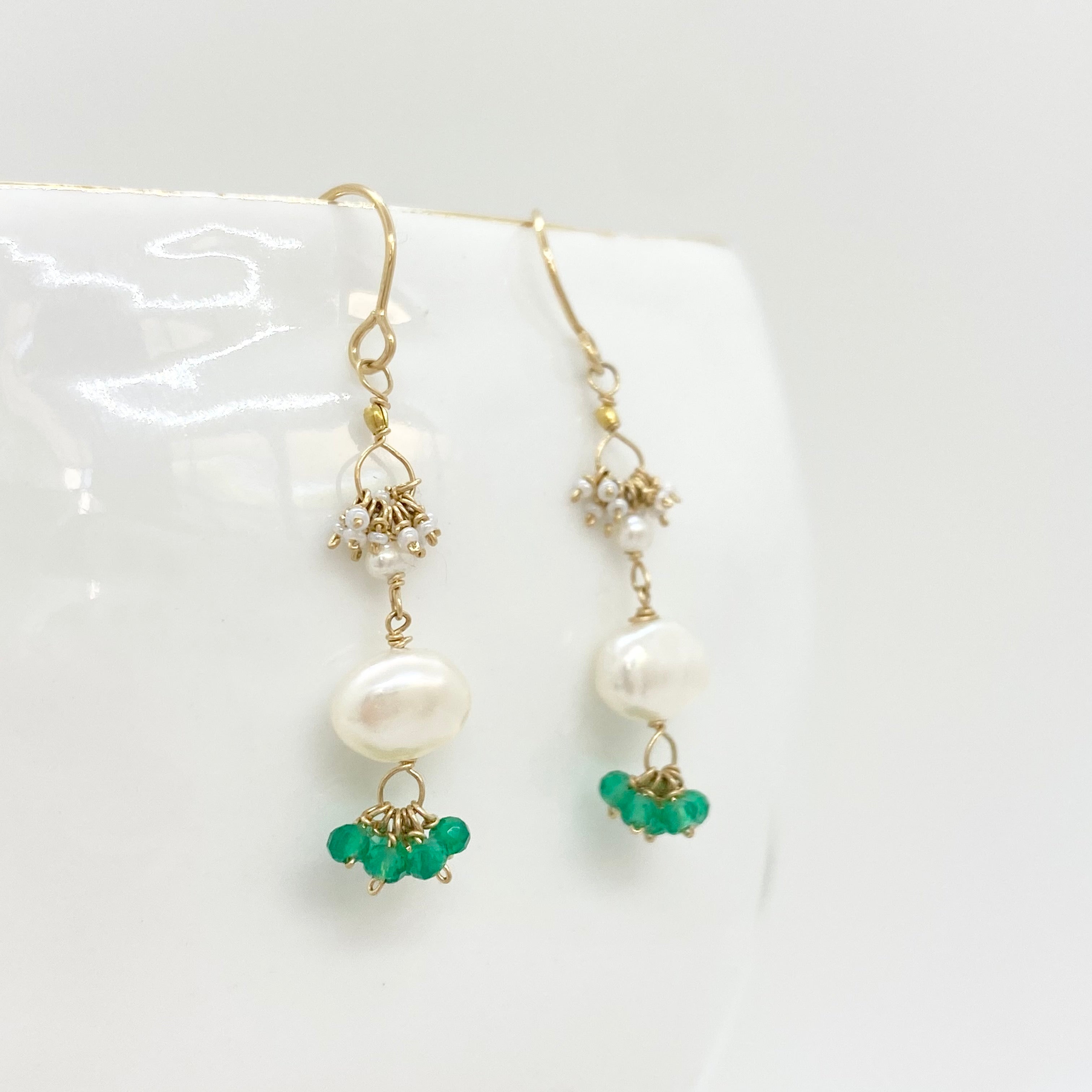 14k Gold Earrings w/ Kyanite, Freshwater Pearls, 18k Gold Nugget & Antique Italian Beads