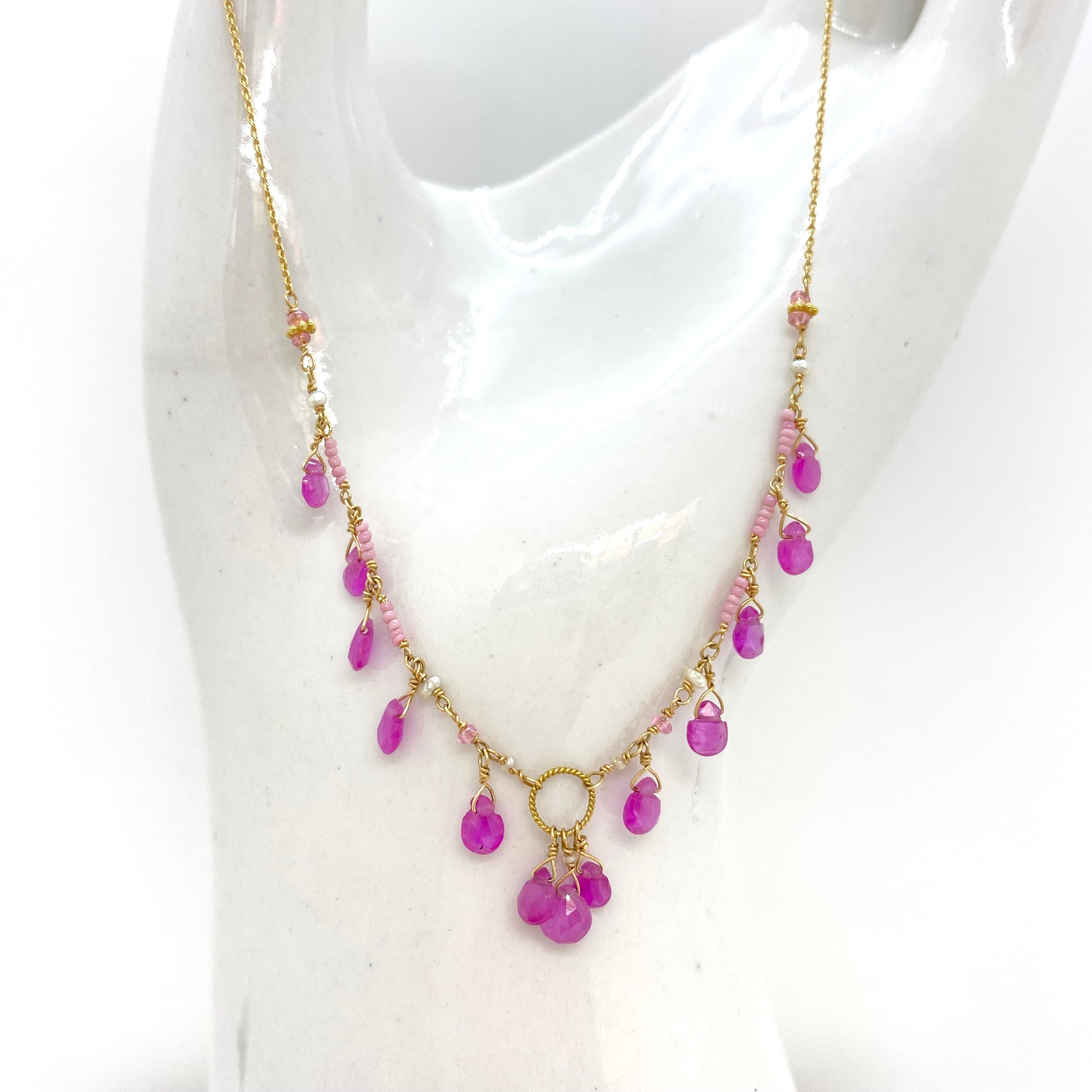 14k Gold Chain Necklace w/ Pink Sapphires, Freshwater Pearls, 18k Gold Daisy, 18k Gold Loop & Antique Italian Beads