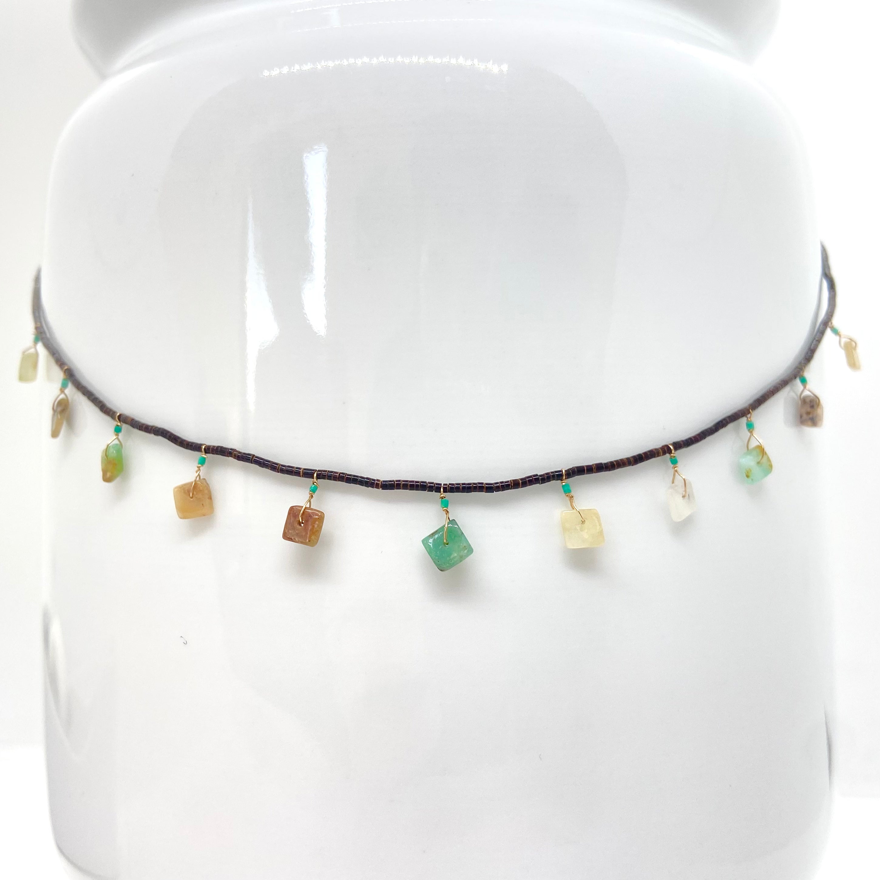 String Beaded Necklace w/ Opal, Turquoise Tucum Coconut Beads