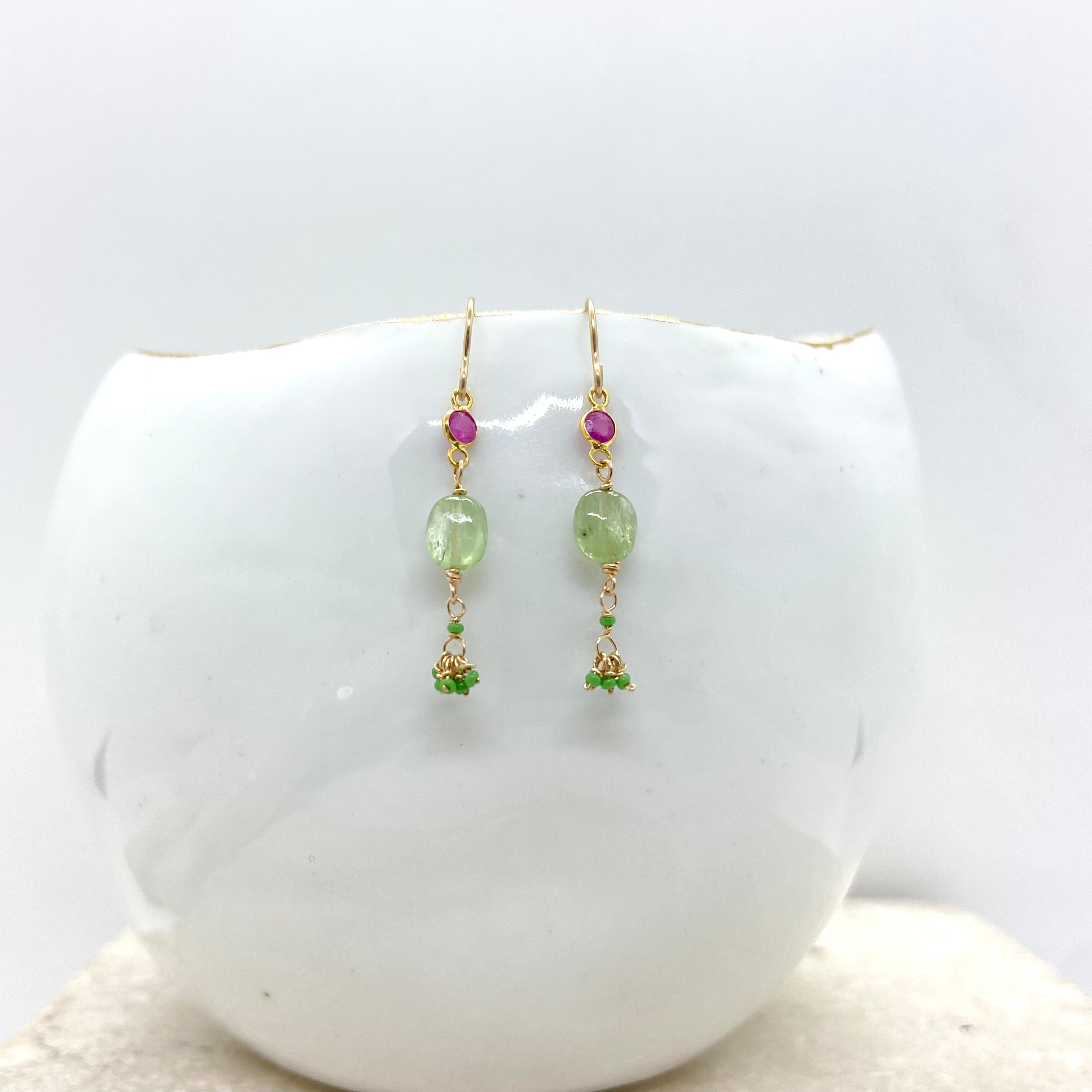 14k Gold Earrings w/ 18k Sapphire Pendants, Tsavorite & Antique Italian Beads