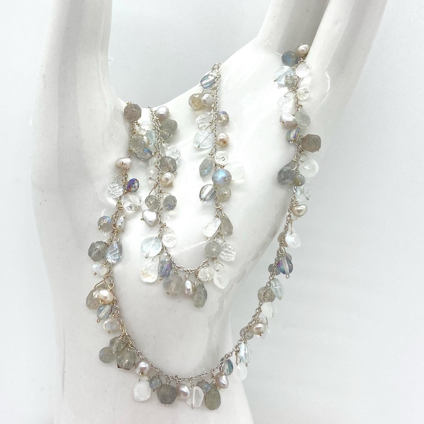 14k White Gold Chain Necklace w/ Labradorite, Moonstone, Freshwater Pearls, Mystic Topaz, Quartz & Keshi Pearls