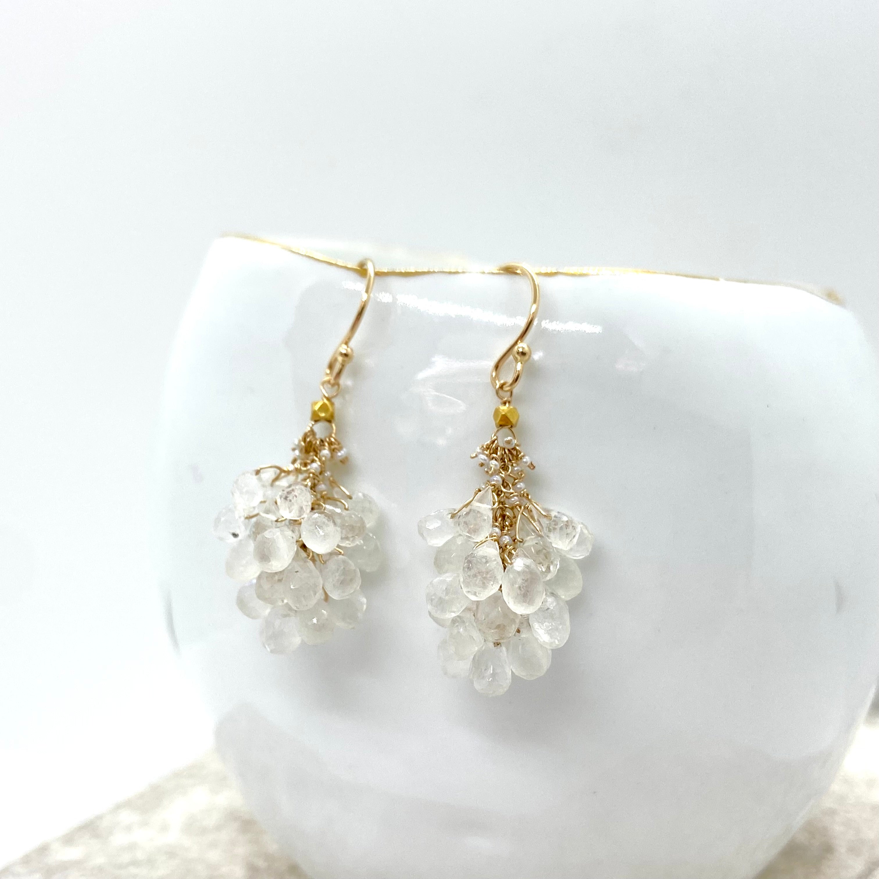 14k Gold Earrings w/ Moonstone, 18k Gold Nugget & Antique Italian Beads