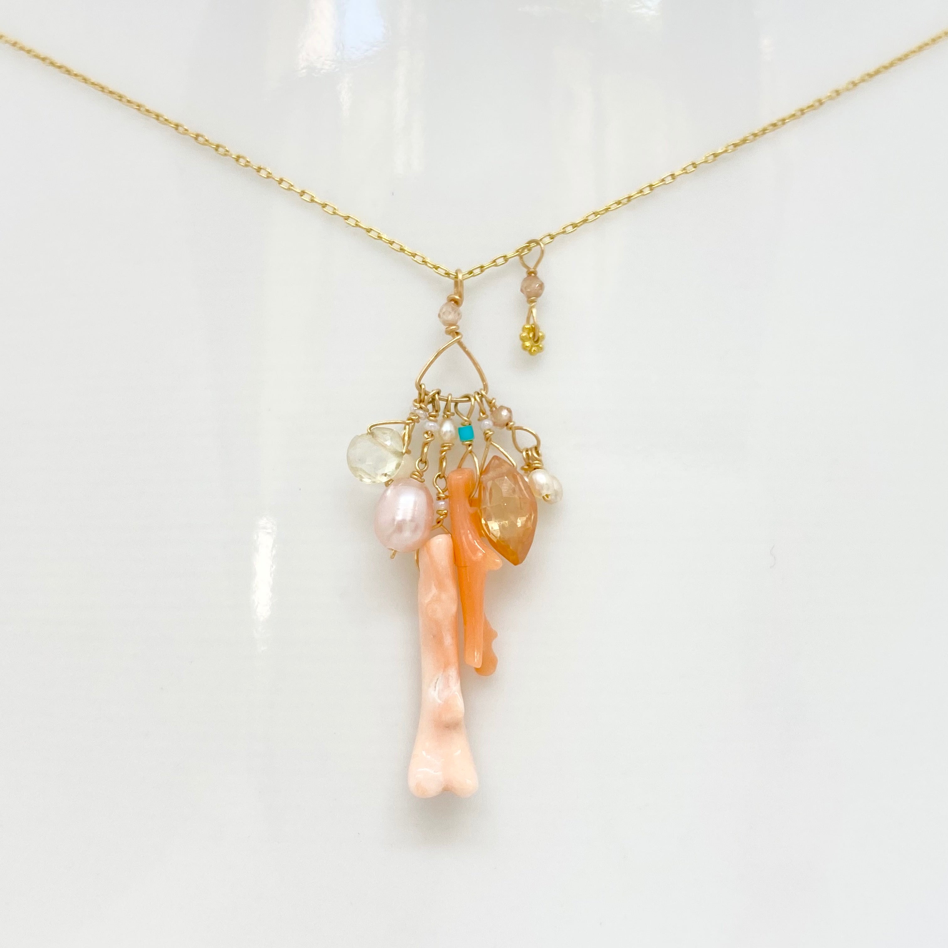 14k Gold Chain Necklace w/ 18k Gold Daisy, Coral, Freshwater Pearls, Cubic Zirconia, Quartz, Opal & Antique Italian Beads