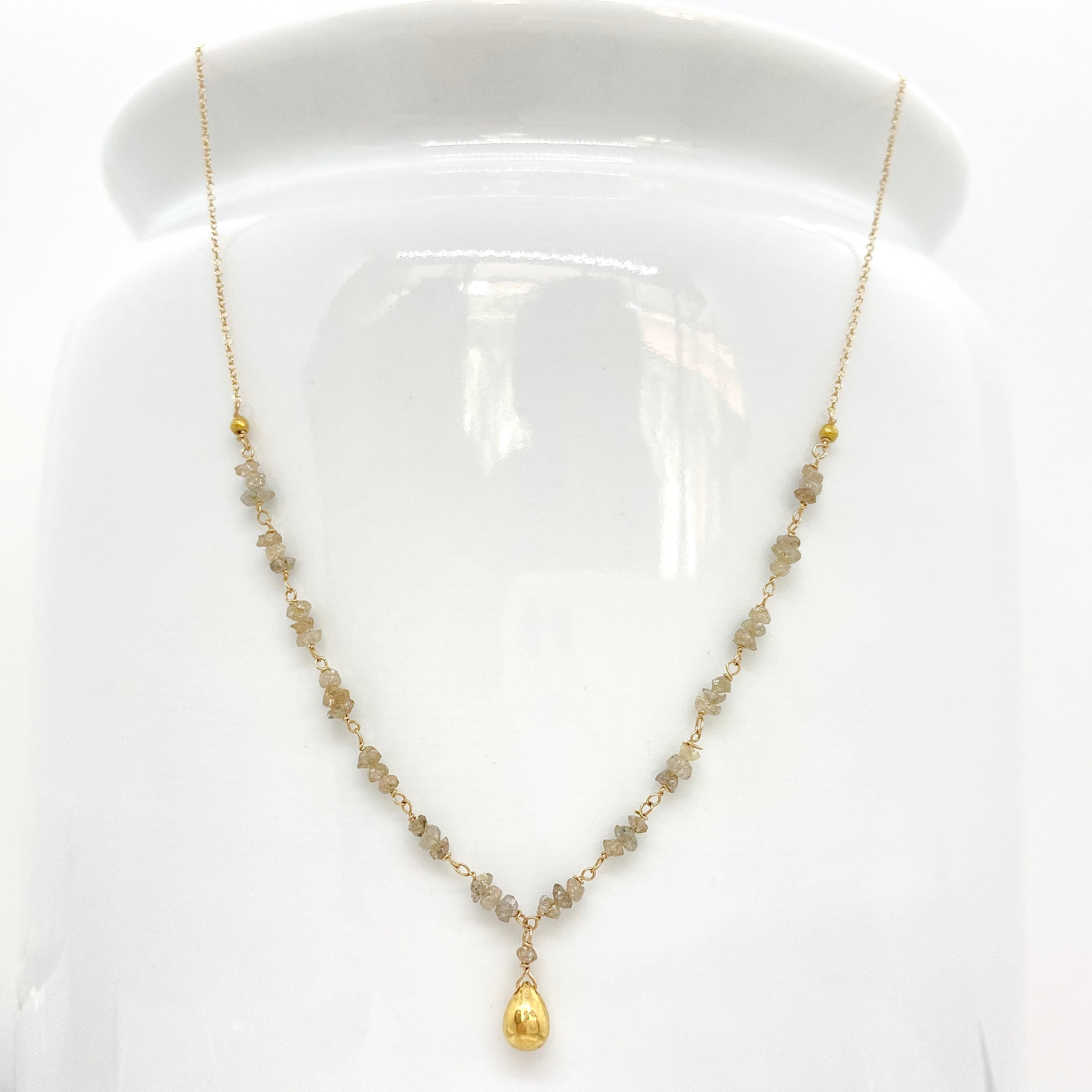 14k Gold Chain Necklace w/ 18k Gold Drop, Champagne Diamond, Raw Diamonds & 18k Gold Nuggets