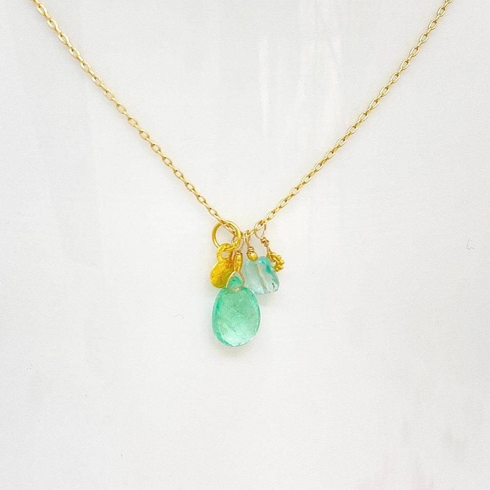 14k Gold Chain Necklace w/ 18k Gold, Emerald & Apatite