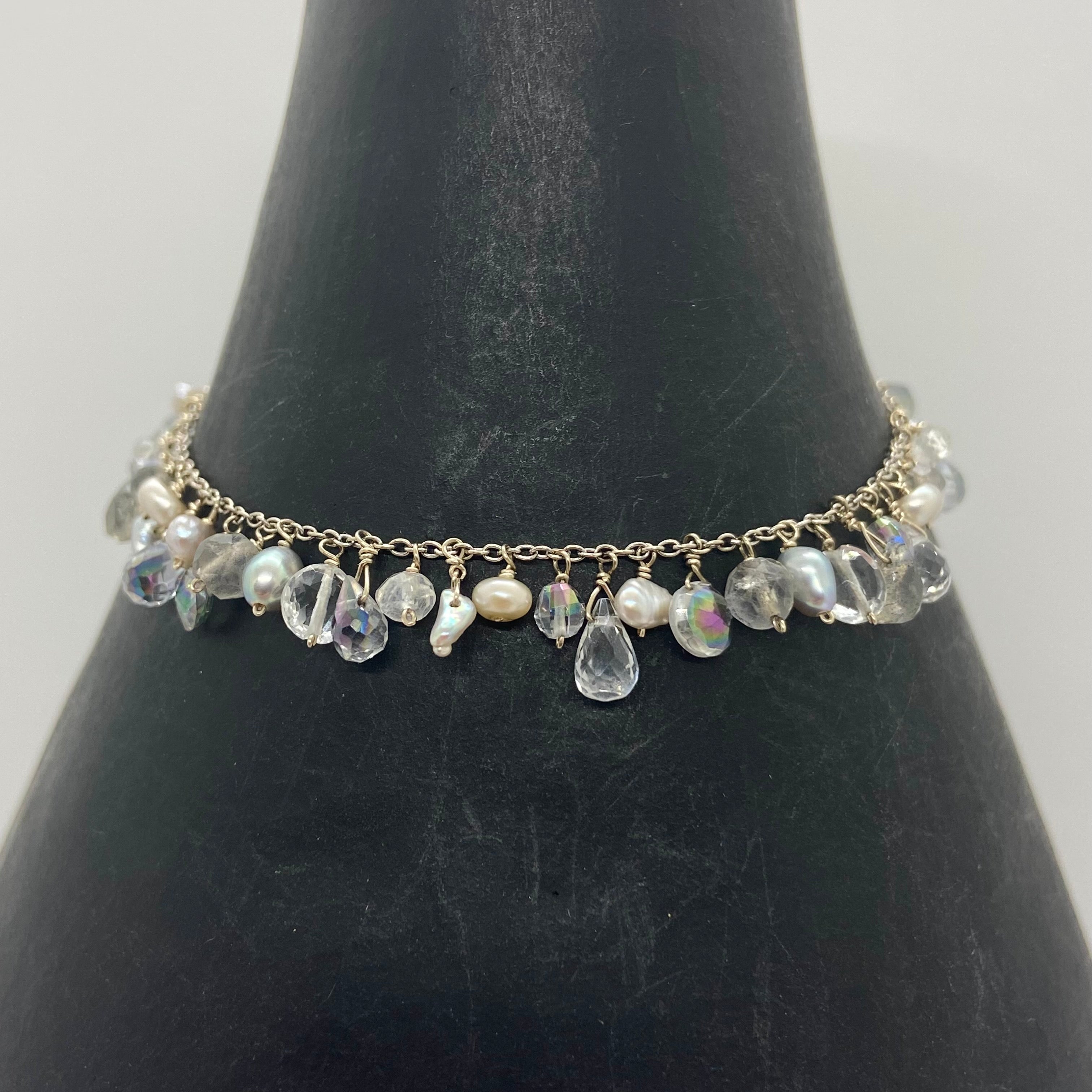 14k White Gold Bracelet w/ Labradorite, Moonstone, Freshwater Pearls, Quartz & Mystic Topaz