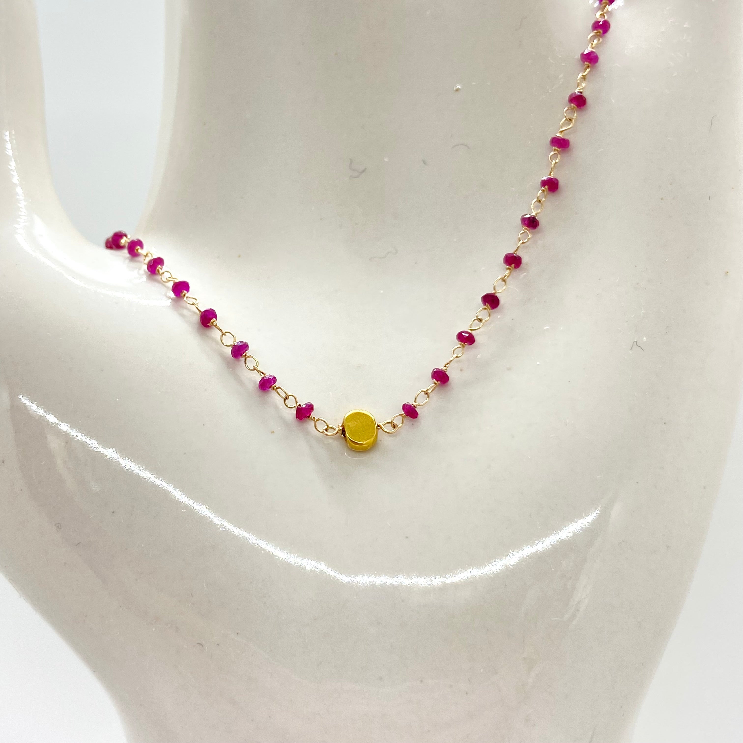 14k Gold Chain Necklace w/ 18k Gold Pendant, Rubies & 18k Gold Nuggets