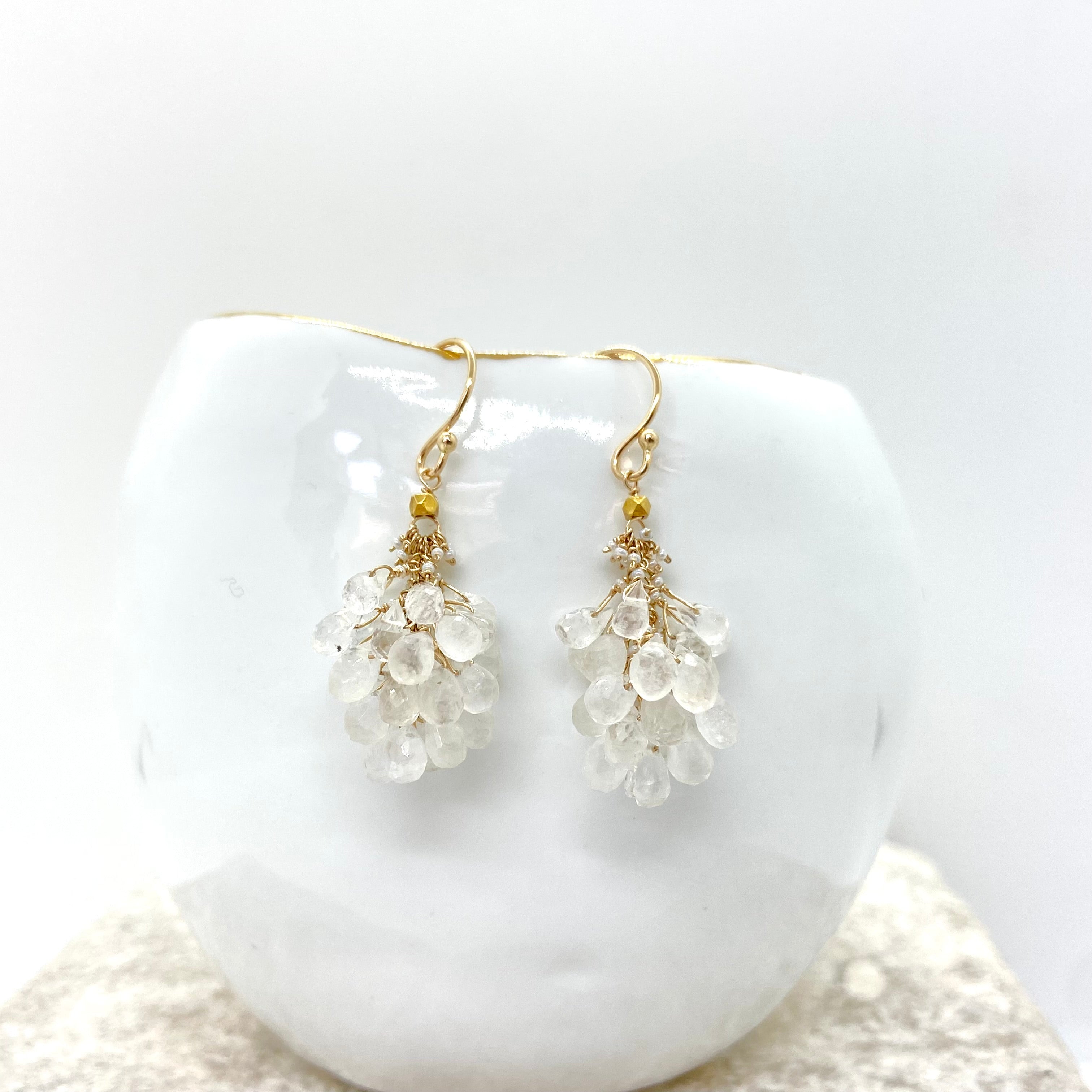 14k Gold Earrings w/ Moonstone, 18k Gold Nugget & Antique Italian Beads