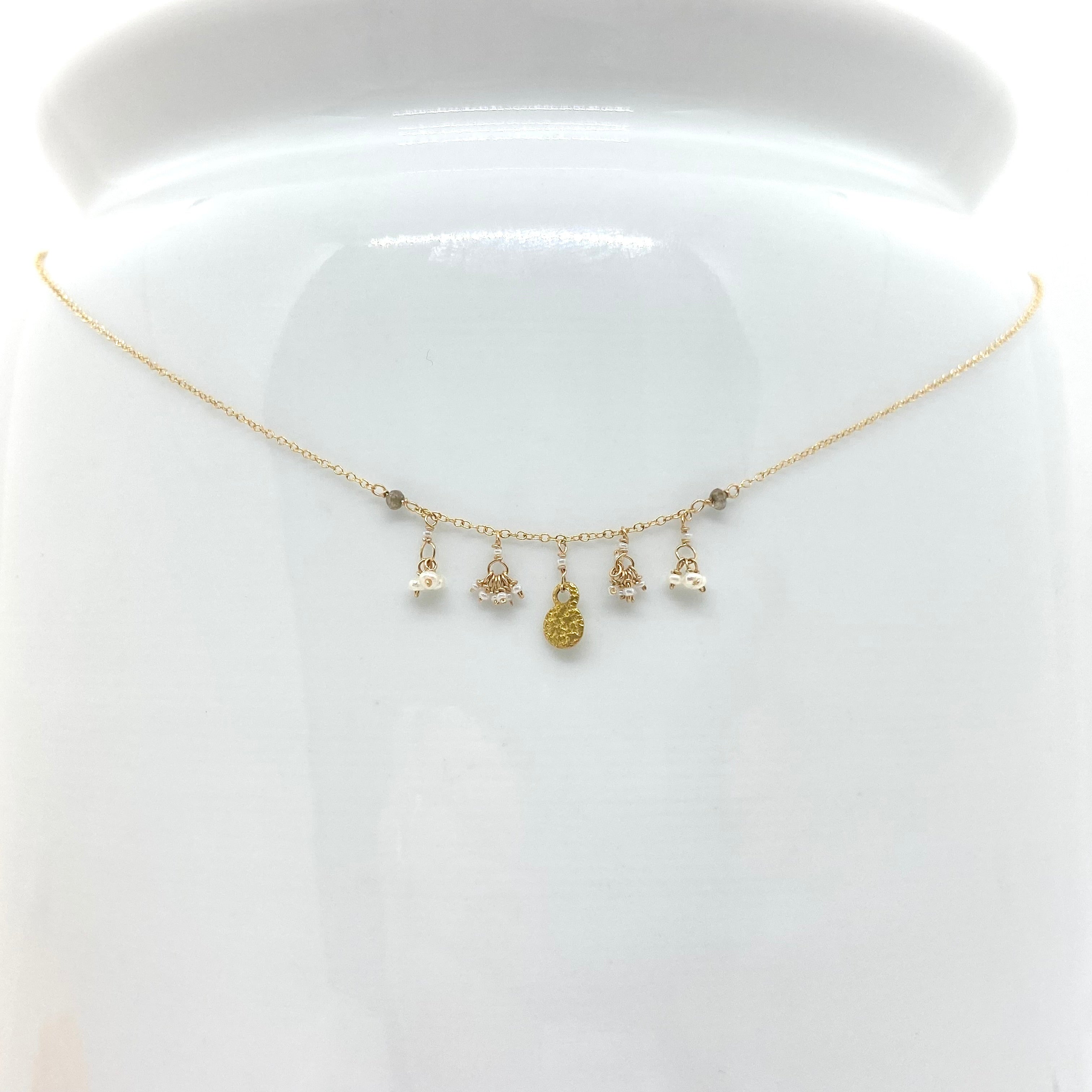 14k Gold Chain Necklace w/ 18k Gold Pendant, Freshwater Pearls, Diamonds & Antique Italian Beads