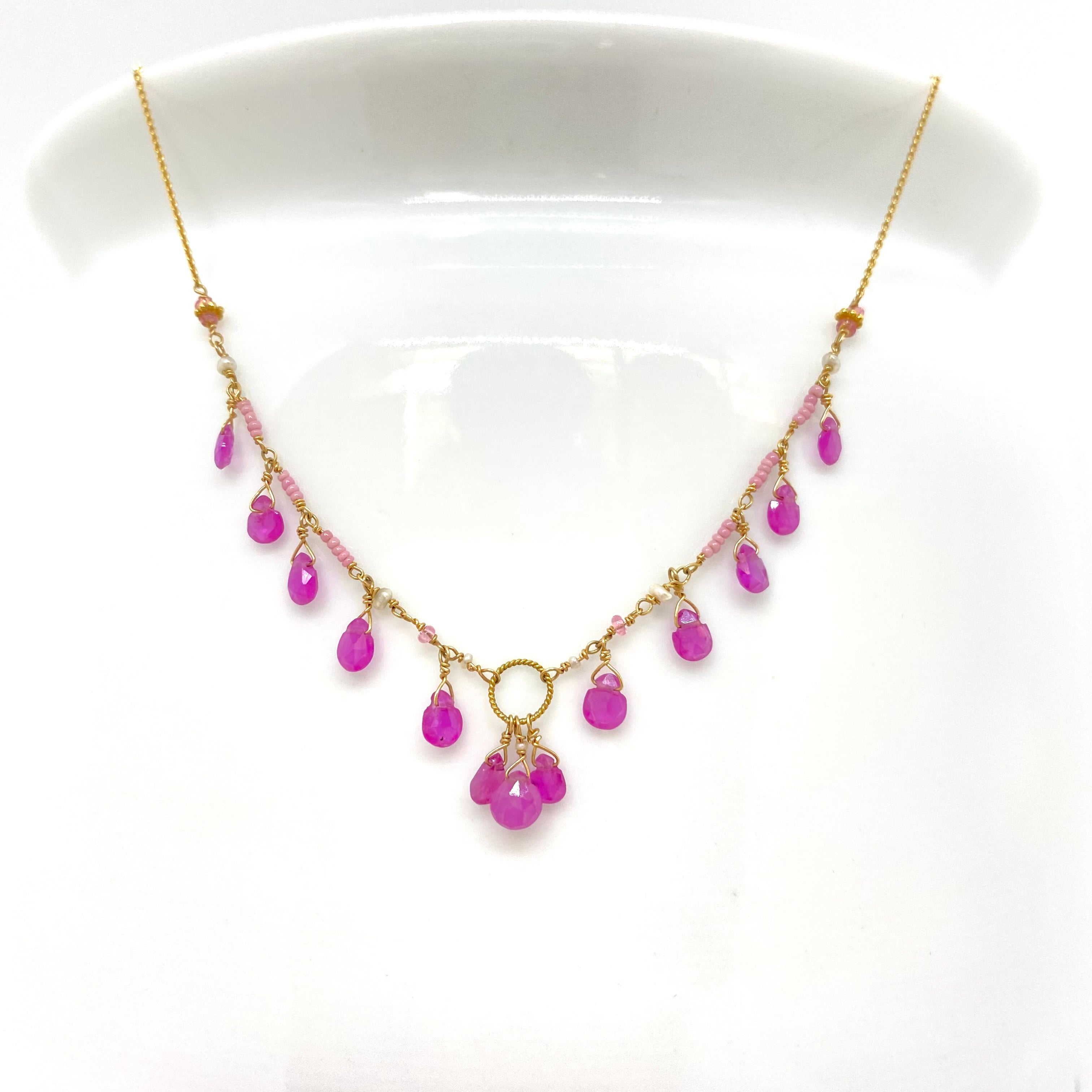 14k Gold Chain Necklace w/ Pink Sapphires, Freshwater Pearls, 18k Gold Daisy, 18k Gold Loop & Antique Italian Beads