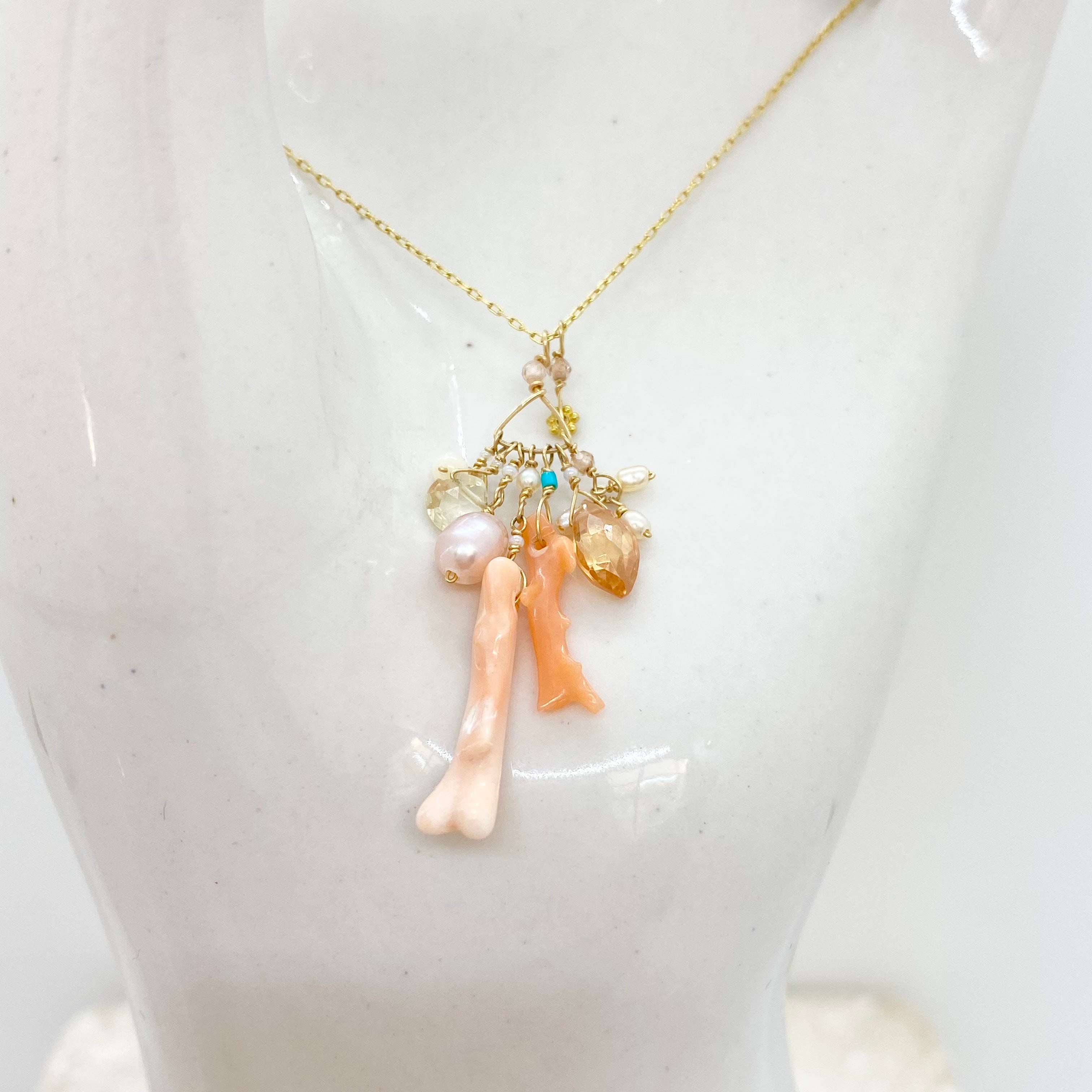 14k Gold Chain Necklace w/ 18k Gold Daisy, Coral, Freshwater Pearls, Cubic Zirconia, Quartz, Opal & Antique Italian Beads