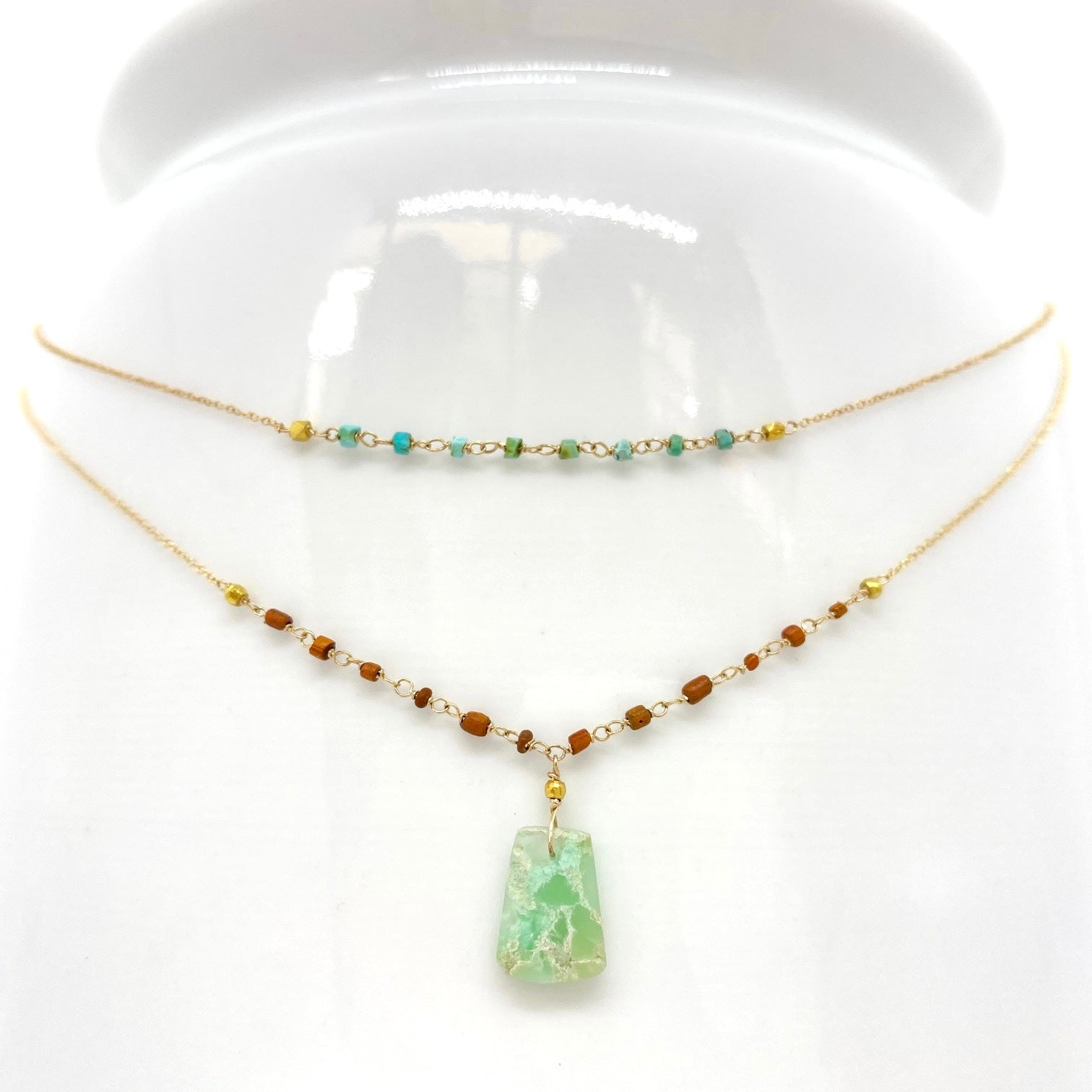 14k Gold Chain Necklace w/ Pre-Columbian Chrysoprase, Roman Glass & 18k Gold Nuggets