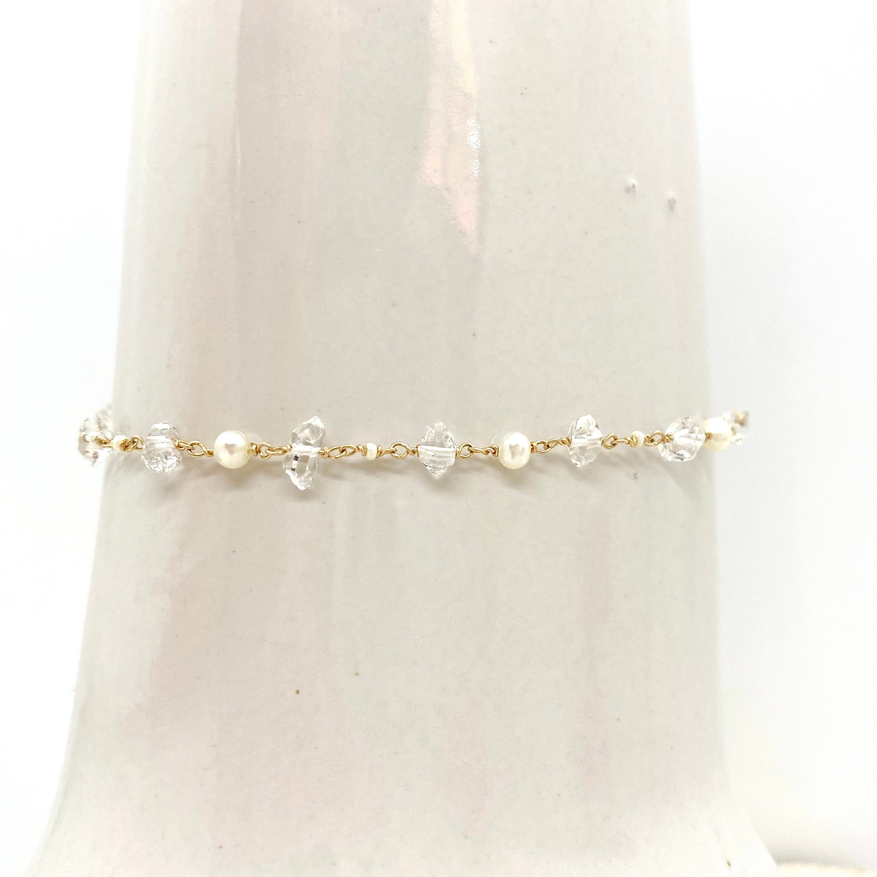 14k Gold Bracelet w/ Freshwater Pearls, Indian Diamonds & Antique Italian Beads