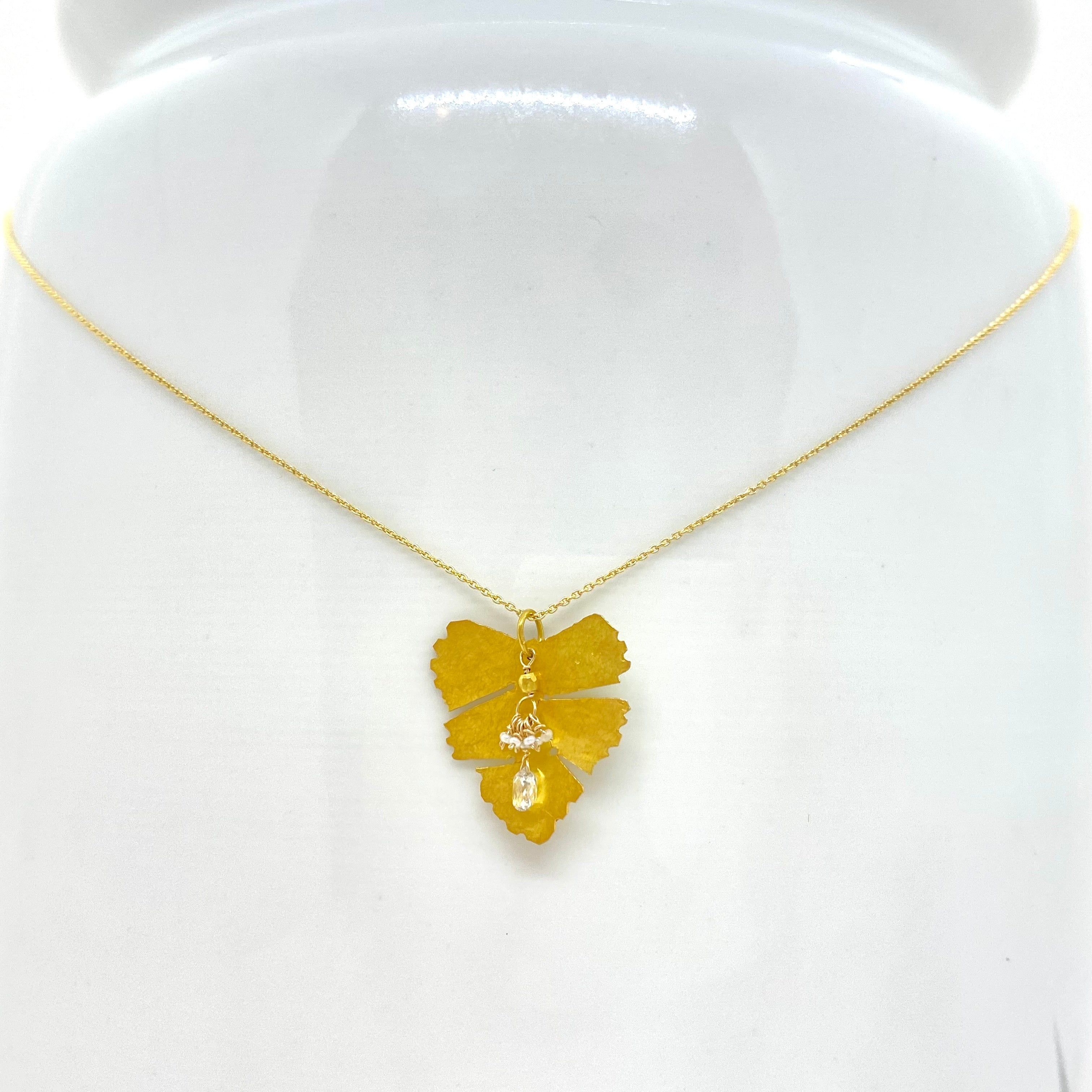 14k Gold Chain Necklace w/ Hand-Cut 18k Gold Leaf Pendant, Diamond, 18k Gold Nugget & Antique Italian Beads