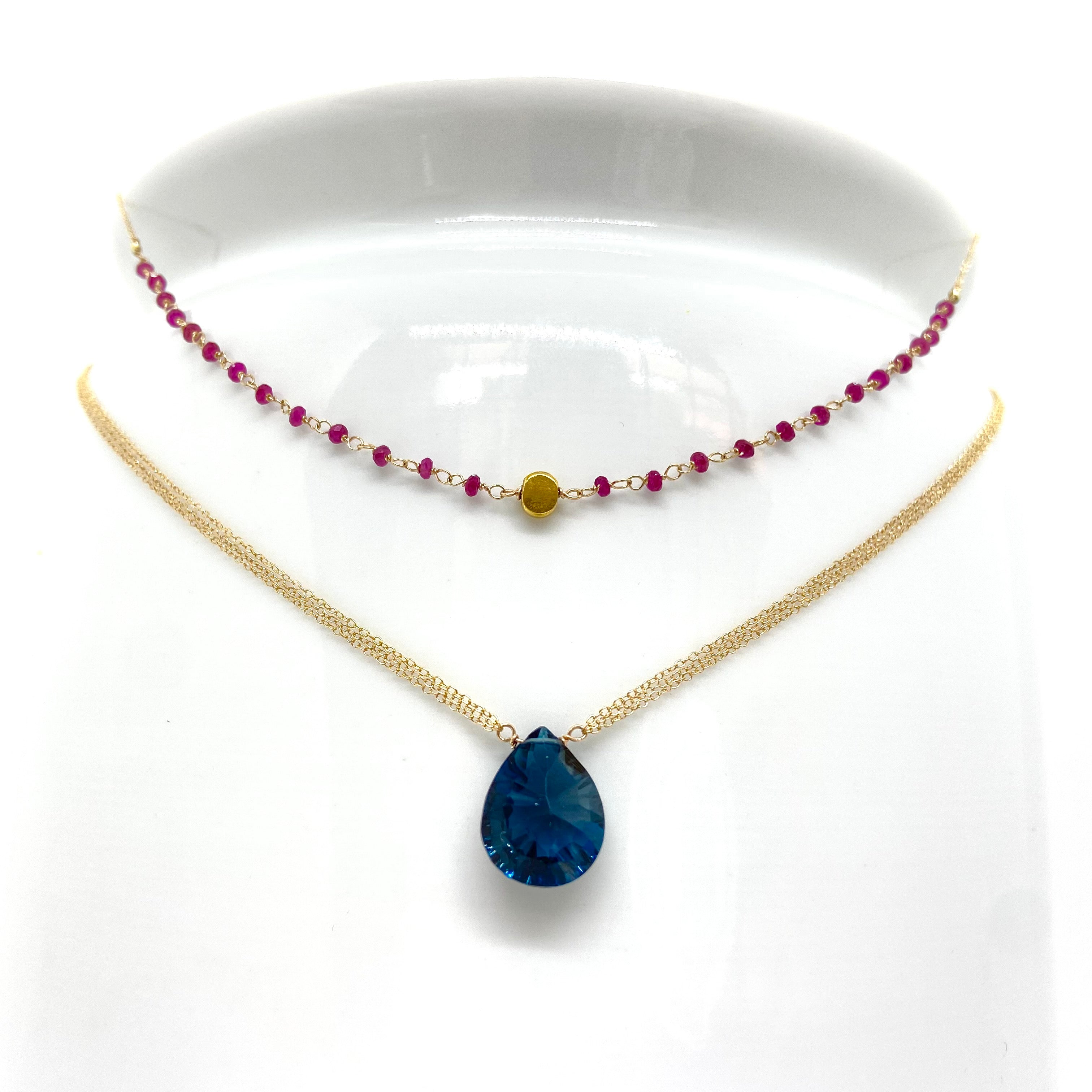 14k Gold Chain Necklace w/ 18k Gold Pendant, Rubies & 18k Gold Nuggets
